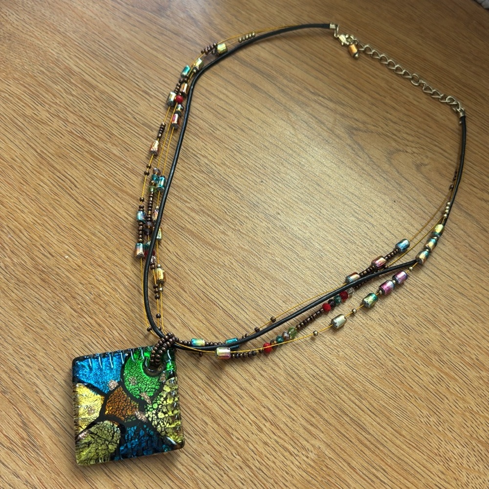 Multicolor Bohemian Vintage Beaded Necklace with Square Glass Pendant
